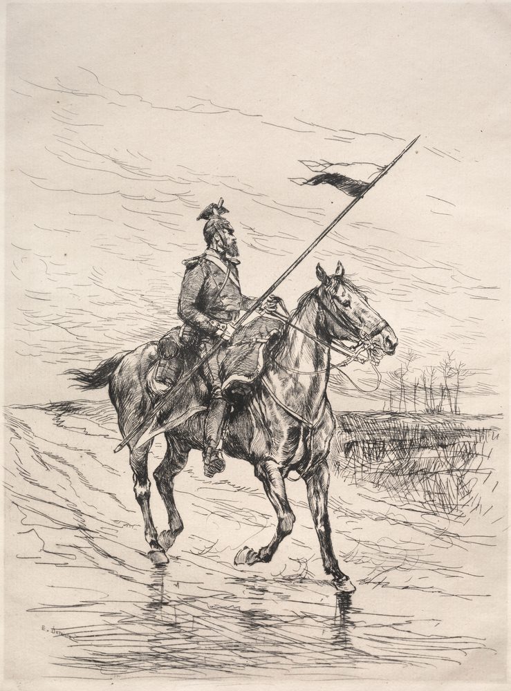 An Uhlan: a lancer with pennon riding along a wet road, etching by &Eacute;douard Detaille, 1874