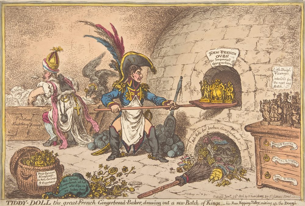 Gillray&rsquo;s hand-coloured etching: Napoleon as a gingerbread baker drawing a tray of small kings from an oven