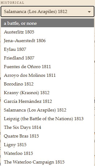 The Historical dropdown open, listing the sixteen researched battles from Austerlitz 1805 to the Waterloo Campaign 1815