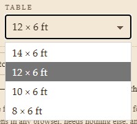 The Table dropdown open: 14, 12, 10 and 8 by 6 feet