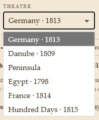 The Theatre dropdown open: Germany 1813, Danube 1809, Peninsula, Egypt 1798, France 1814, Hundred Days 1815