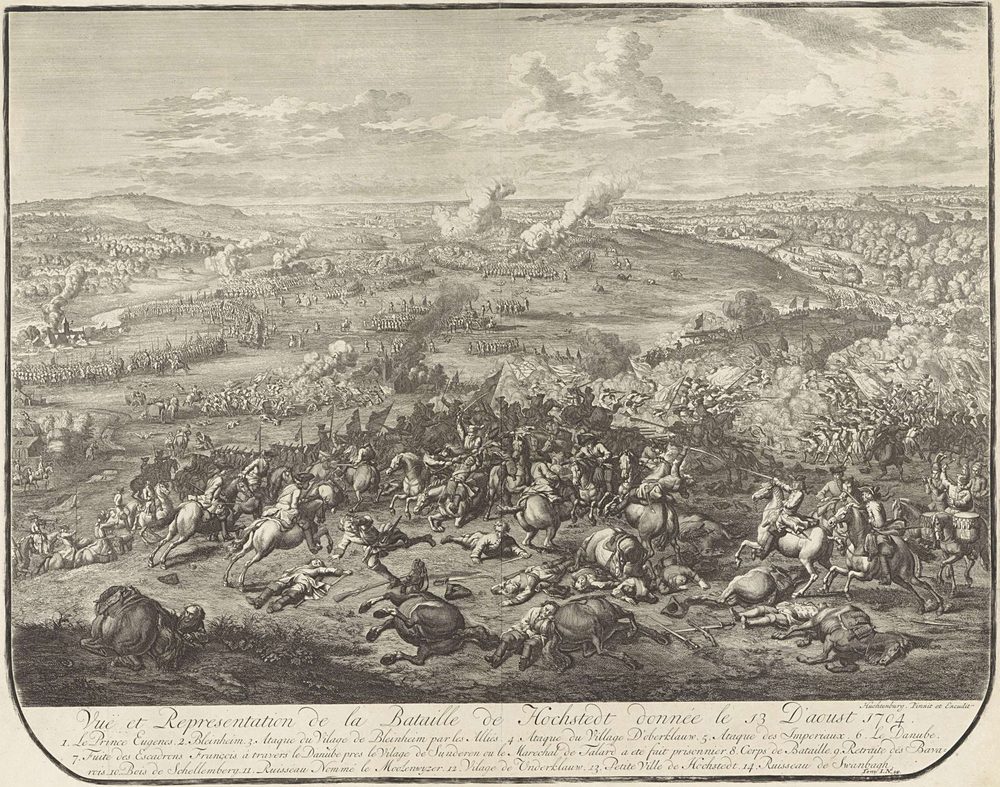 Engraved cavalier view of the battle of Hochstedt (Blenheim), 13 August 1704, with a cavalry melee in the foreground and a numbered key beneath